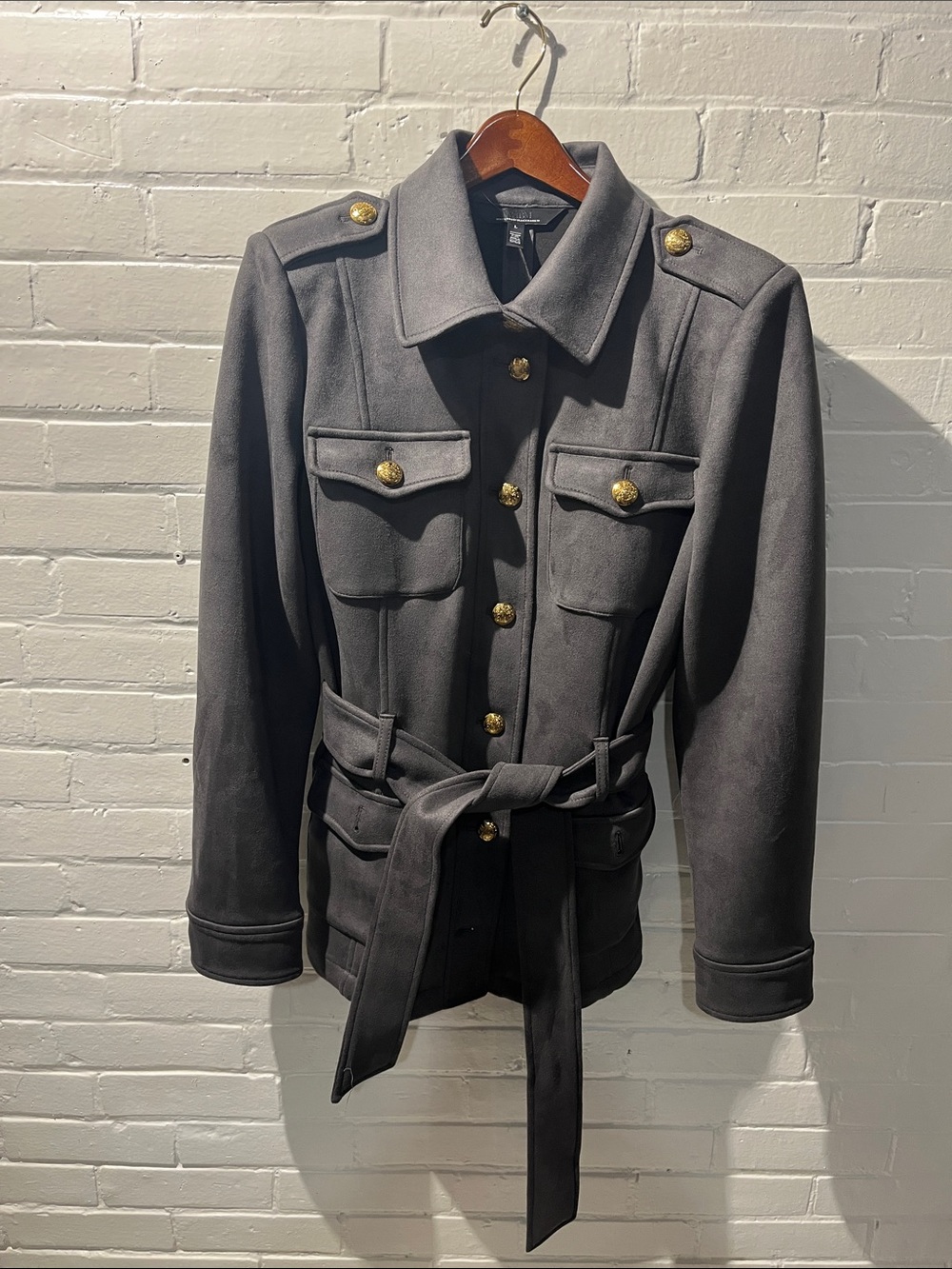 White House Black Market Gray Military-Style Belted Utility Jacket